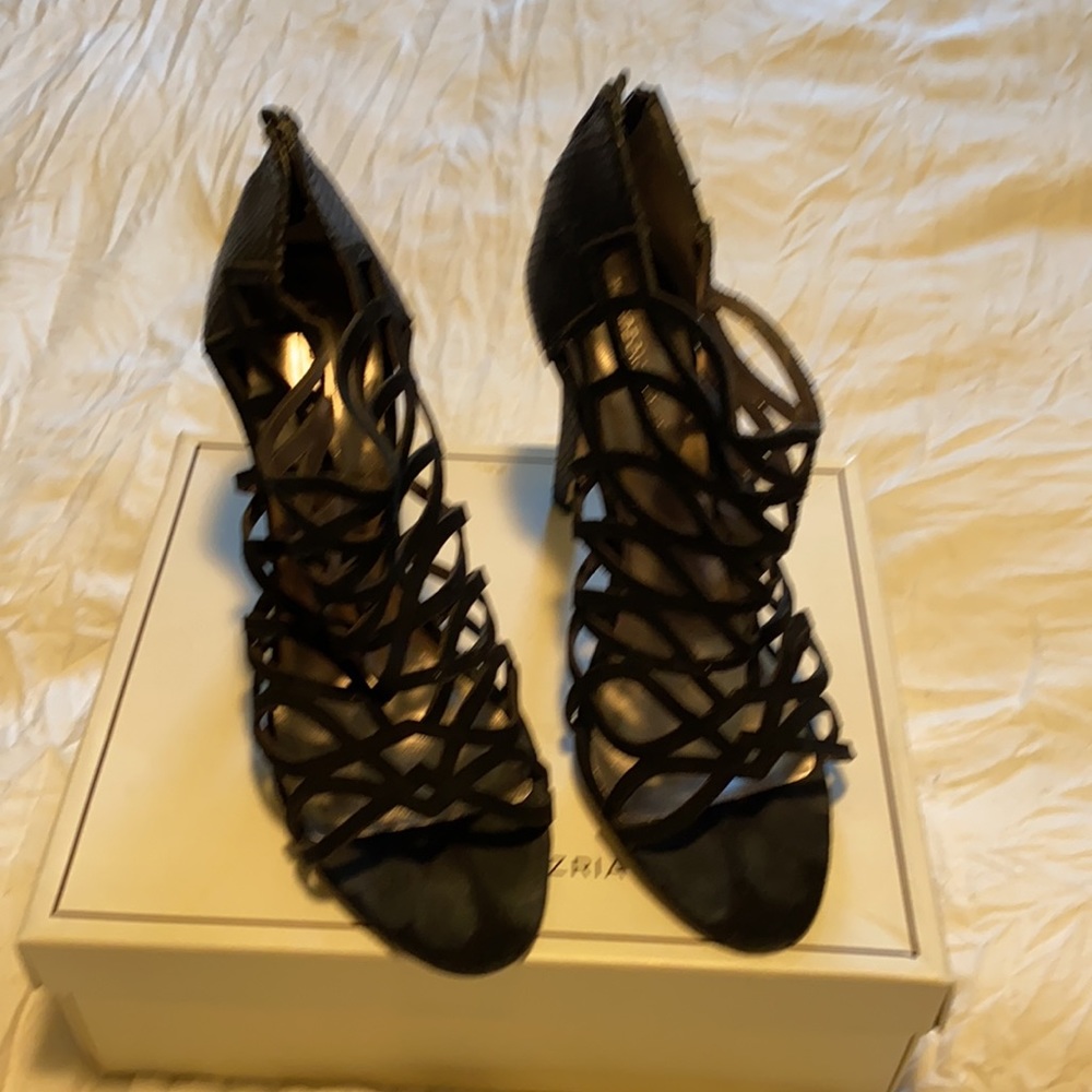 BCBG black leather and suede talia heel